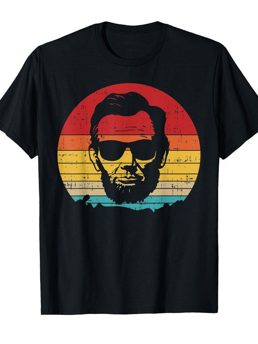 4th of July Men Women Abe Abraham Lincoln Retro Sunset T-Shirt Presidents' Day 180gsm Cotton Round Neck Short Sleeve Men Casual T-Shirt