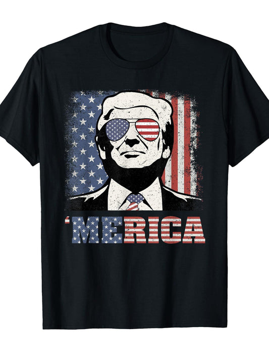 'Merica Trump Shirt Funny Trump 4th of July American Flag T-Shirt Presidents' Day 180gsm Cotton Round Neck Short Sleeve Men Casual T-Shirt