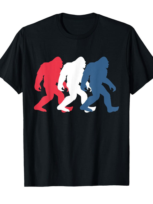 4th of July Bigfoot Red White and Blue Gift Sasquatch Merica Women Kids Men T-Shirt Presidents' Day 180gsm Cotton Round Neck Short Sleeve Men Casual T-Shirt