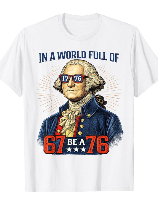 4th of July Independence Day in A World Full of 67 Be A 76 T-Shirt Presidents' Day 180gsm Cotton Round Neck Short Sleeve Men Casual T-Shirt