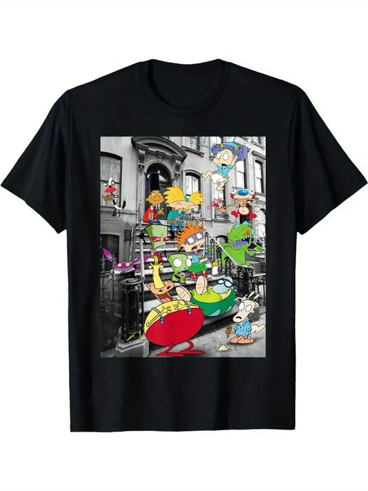 100% Cotton Relaxed Fit T-Shirt with Vibrant Cartoon Character Print - Soft Breathable Fabric, Machine Washable, Round Neck Short Sleeve Tee for Casual Casual Attire (Black), Comfortable Clothing | Playful Graphic Shirt | Durable Print Shirt