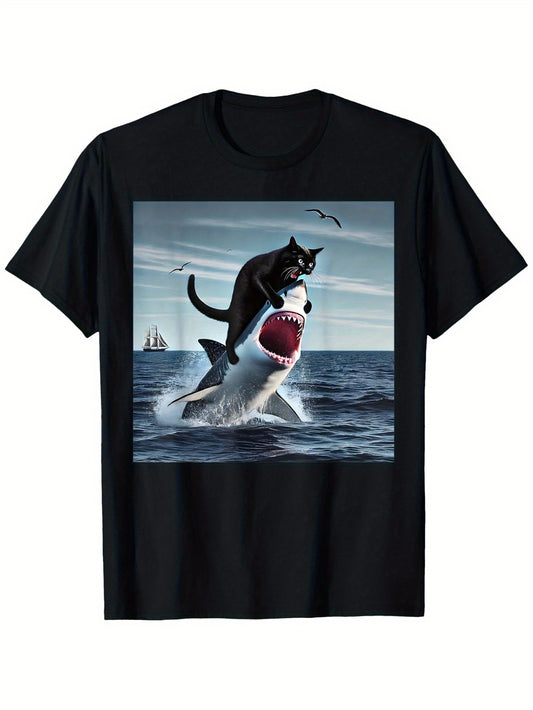 'Cat Biting Shark' Graphic Tee - Relaxed Fit, 100% Cotton, Short Sleeve, Casual & Comfortable, Machine Washable, Black with White & Blue Design, Sizes S-XXXL, Allseason Apparel|Comic Book Style|Heat Transfer Print