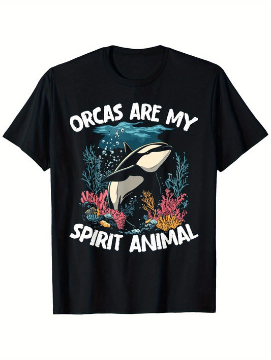 "Orcas Are My Spirit Animal" T-Shirt - Soft & Comfy 100% Cotton, Casual Short-Sleeve Tee with Vibrant Underwater Graphic, S-XXXL, Machine Washable